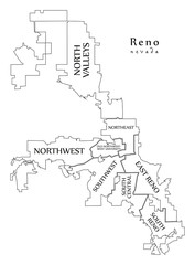 Modern City Map - Reno Nevada city of the USA with neighborhoods and titles outline map