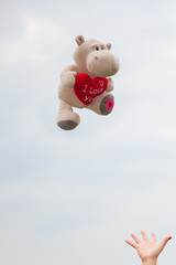 reaching out for a soft toy holding a red heart I love you