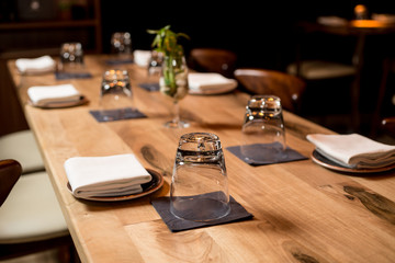 Served dinner table. Restaurant interior