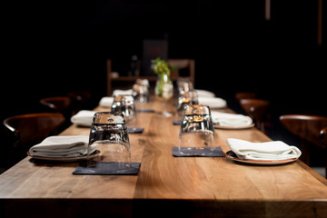 Served dinner table. Restaurant interior