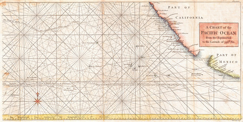 Fototapeta na wymiar 1748, Anson Map of Baja California and the Pacific wandandx2F, Trade Routes from Acapulco to Manila