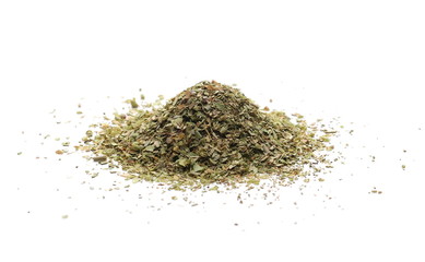 Pile of dried oregano leaves isolated on white background