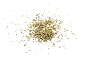 Pile of dried oregano leaves isolated on white background