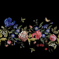 Embroidery floral seamless pattern with wild roses and butterflies.