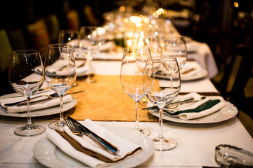 Served dinner table. Restaurant interior