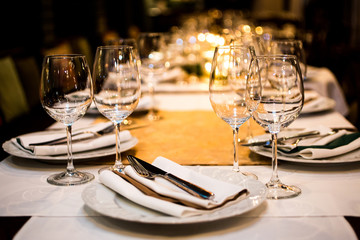 Served dinner table. Restaurant interior