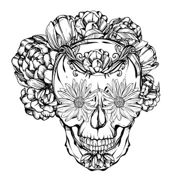 Halloween. Día de los Muertos. skull adorned with flowers. Handmade. Tattoo design. Vector illustration.Coloring book page design