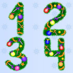  Numbers of fir branches with New Year`s toys. Set of New Year fonts
