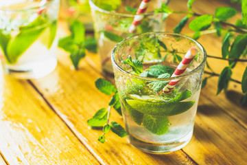 Mojito cocktail in a bur on a rustic table