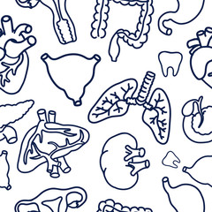 Human internal organs for surgeries and transplantation. Including heart, liver, kidney, uterus, bladder, pancreas; eye, intestines, stomach, tooth. Vector seamless pattern. 