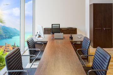 modern office interior with panoramic windows
