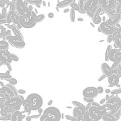 American dollar coins falling. Scattered black and