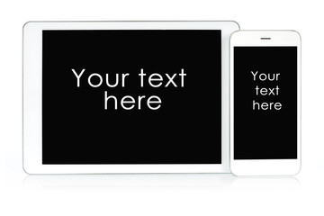 Mockup for responsive design presentation - white digital tablet and smartphone with sample text.