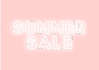 Summer sale pink neon electric letters illustration. Concept of advertising for seasonal offer with glowing neon text.