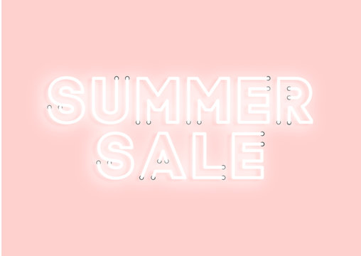 Summer sale pink neon electric letters illustration. Concept of advertising for seasonal offer with glowing neon text.