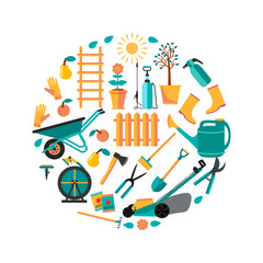 Set of various colorful gardening tools. Flat design illustration of items for gardening and farming . Vector illustration.