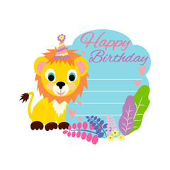 Greeting card happy birthday with cute little lion and  place under your text. Vector illustrattion.