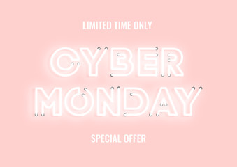 Cyber monday sale pink neon electric letters illustration. Concept of advertising for seasonal offer with glowing neon text.