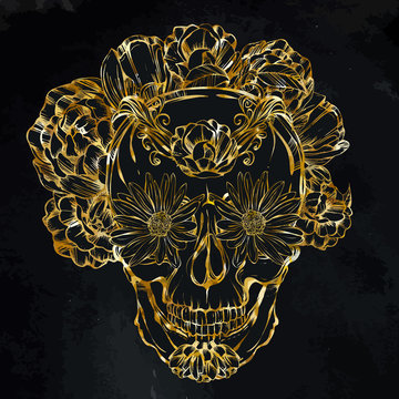 Halloween. Día de los Muertos. skull adorned with flowers. Tattoo design. Vector illustration. Handmade