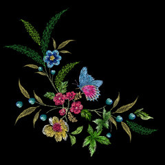 Embroidery floral pattern with flowers and butterfly.