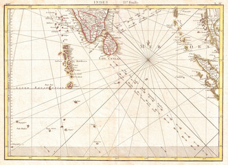 1770, Bonne Map of Southern India, Sri Lanka, Ceylon, the Maldives, and the Indian Ocean, Rigobert Bonne 1727 – 1794, one of the most important cartographers of the late 18th century