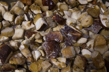Frozen cut white mushrooms background