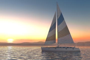 Fototapeta na wymiar Sailing on sea and sunset 3d illustration