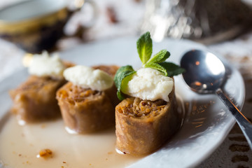 Baklava. Traditional dessert with honey and sour cream