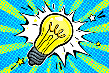 Concept of Idea. Light bulb in pop art style on blue background.