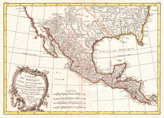 1771, Bonne Map of Mexico, Texas, Louisiana and Florida, Rigobert Bonne 1727 – 1794, one of the most important cartographers of the late 18th century