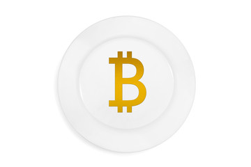 icon of virtual electronic gold money of bitcoin served on white empty plate. Concept. Isolated