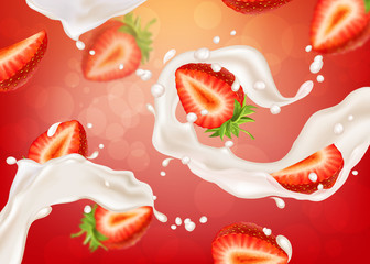 Strawberry yogurt. Fruits and milk splashes. 3d illustration. Realistic vector background for your design.