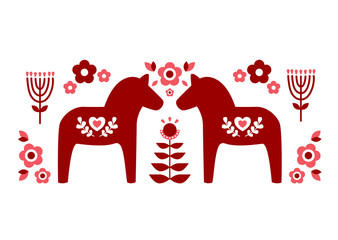 Red Swedish dala horse and red pink floer patterns illustrate vector