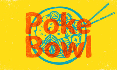 Poke Bowl Hawaiian dish with rice, fresh fish, vegetables, spices and greens. Colorful vector illustration on yellow background for web and printing.