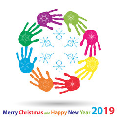 Vector artistic icy abstract crystal snow flakes over handprints isolated on background as winter or december decoration. Ice or frost beautiful star ornament on hand silhouettes or 2019 season art