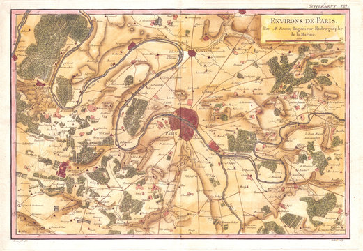 1780, Bonne Map of the Environs of Paris, France, Rigobert Bonne 1727 &ndash; 1794, one of the most important cartographers of the late 18th century