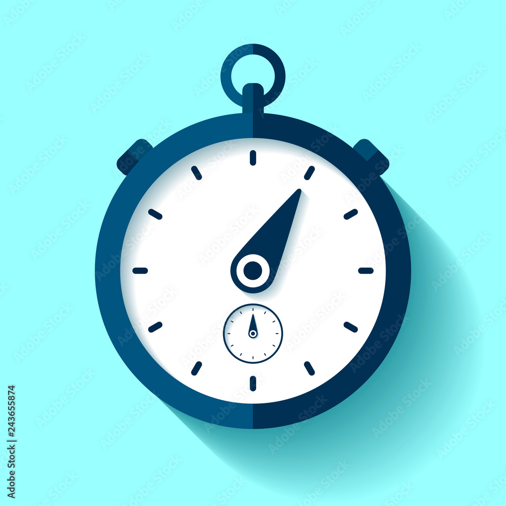 Poster stopwatch icon in flat style, round timer on color background. sport clock. vector design element fo