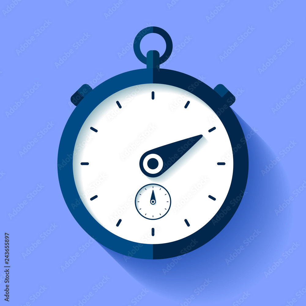 Poster stopwatch icon in flat style, round timer on color background. sport clock. vector design element fo