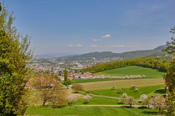 Aussicht von der Burg Pfeffingen nach Dornach, Arlesheim, Reihnach und Basel