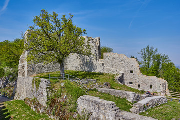 Die Ruine Pfeffingen steht auf dem Grat des Blauen im basellandschaftlichen Pfeffingen in der...