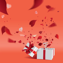 Happy Valentine's Day-surprising gift box with defocused transparent red heart shaped confetti or falling romantic hearty petals of flowers