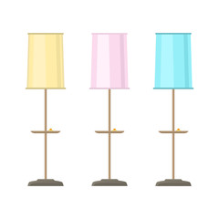 Set of floor lamps with yellow, pink and blue lamp shade isolated on white background, vector illustration