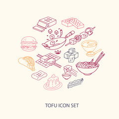 Round vector cooking tofu icon composition. Line art tofu dishes icons, isolated on the light background.