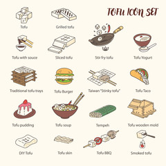 Cooking Tofu icon collection. Asian Cuisine ingredient. Soy milk processing. Colored Line art icons, isolated on the light background. - 243658423