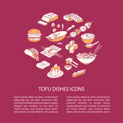Round vector cooking tofu icon composition tofu soup, bbq, tofu burger, stir fry. Isolated on the burgundy background and with text block. - 243658456