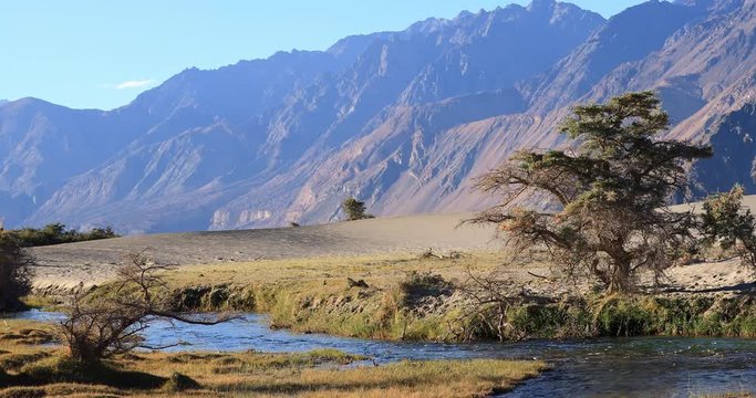 Majestic nature of Himalaya mountains. Small river stream flows in Nubra valley desert in Ladakh, north India