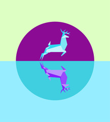 Jumping origami deer, moon on the background. Winter, frozen lake, water reflection. Pastel colors, simple geometric style.
