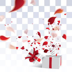 Naklejka premium Happy Valentine's Day-surprising gift box with defocused transparent red heart shaped confetti or falling romantic hearty petals of flowers isolated on checkered background