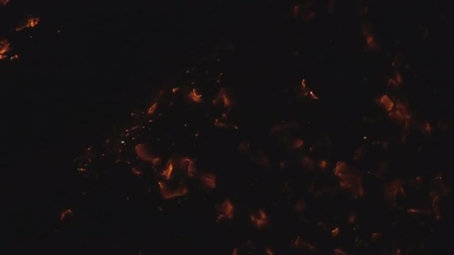 Embers of the extinguished fire and flying ashes. Super slow motion 1000 fps
