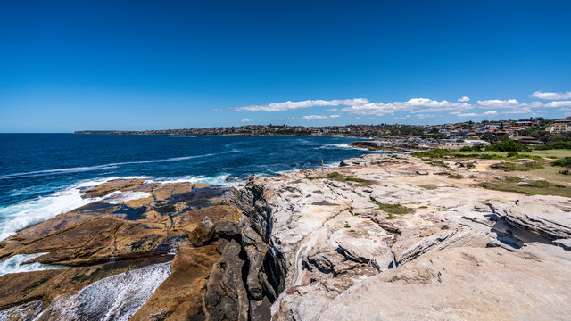 View of Shark point and Burrows park during Bondi to Coogee coastal walk in Sydney Australia